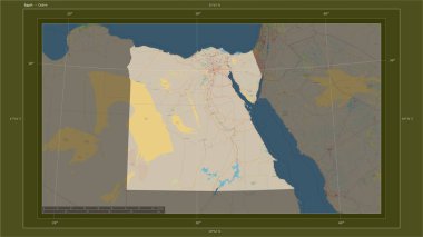 Mısır, ülkenin başkenti, haritası, uzaklık ölçeği ve harita sınır koordinatlarıyla bir topoğrafik, OSM standart harita haritasına vurgulandı