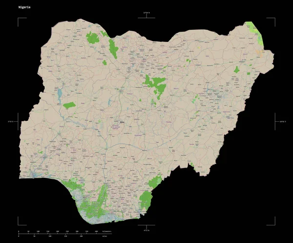 Nijerya 'nın OSM Fransa tarzı haritası, uzaklık ölçeği ve harita sınır koordinatları, siyah üzerine izole edilmiş.
