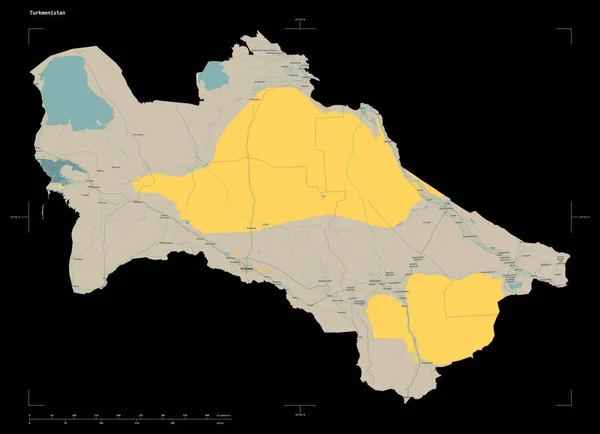 stock image Shape of a topographic, OSM France style map of the Turkmenistan, with distance scale and map border coordinates, isolated on black