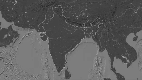 India Delineada Mapa Elevación Bilevel Con Lagos Ríos — Foto de Stock