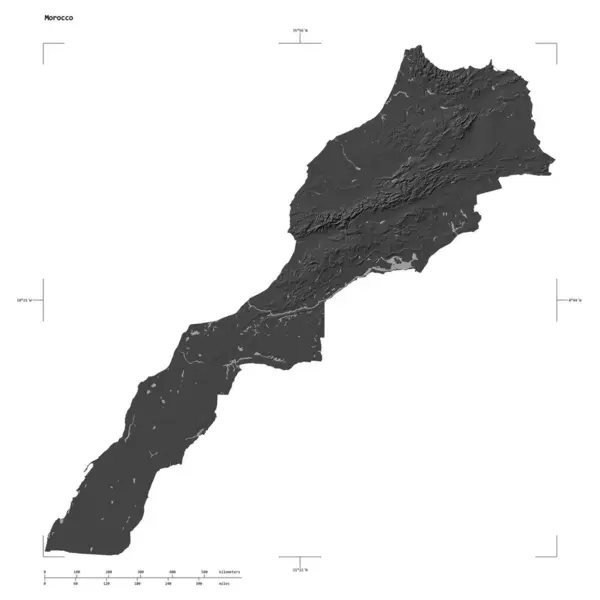 stock image Shape of a Bilevel elevation map with lakes and rivers of the Morocco, with distance scale and map border coordinates, isolated on white