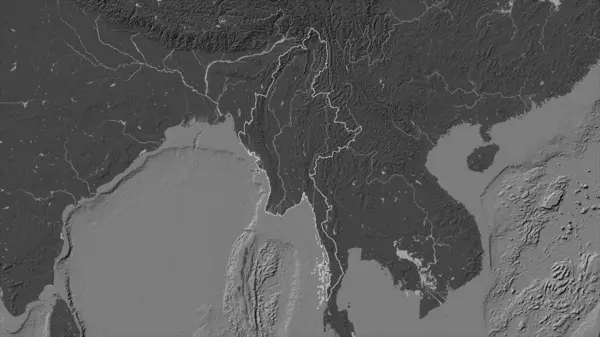 Myanmar Esbozado Mapa Elevación Bilevel Con Lagos Ríos — Foto de Stock