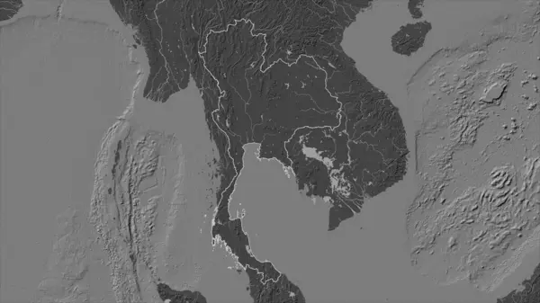 Tailandia Delineado Mapa Elevación Bilevel Con Lagos Ríos — Foto de Stock