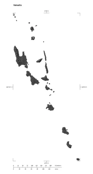 stock image Shape of a Bilevel elevation map with lakes and rivers of the Vanuatu, with distance scale and map border coordinates, isolated on white