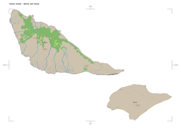 stock image Shape of a topographic, OSM standard style map of the Futuna Island - Wallis and Futuna, with distance scale and map border coordinates, isolated on white