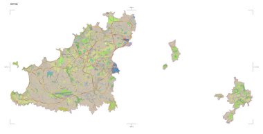 Guernsey 'in bir topoğrafik, OSM standart biçim haritası, uzaklık ölçeği ve harita sınır koordinatları, beyaz üzerinde izole