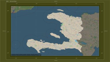 Haiti, ülkenin başkenti, haritası, uzaklık ölçeği ve harita sınır koordinatlarıyla bir topoğrafik, OSM standart haritasına vurgulandı