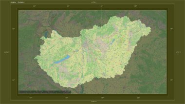 Macaristan, ülkenin başkenti, haritası, uzaklık ölçeği ve harita sınır koordinatlarıyla bir topoğrafi, OSM standart stil haritasına vurgulandı