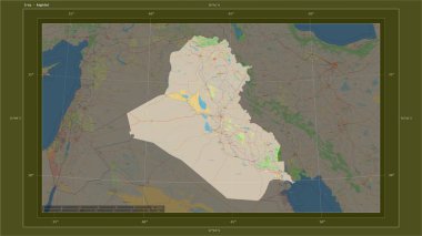 Irak, ülkenin başkenti, haritası, uzaklık ölçeği ve harita sınır koordinatlarıyla bir topoğrafi, OSM standart harita haritasına vurgulandı