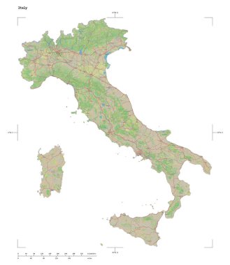 Bir topografik, OSM standart İtalya haritası şekli, uzaklık ölçeği ve harita sınır koordinatları, beyaz üzerinde izole
