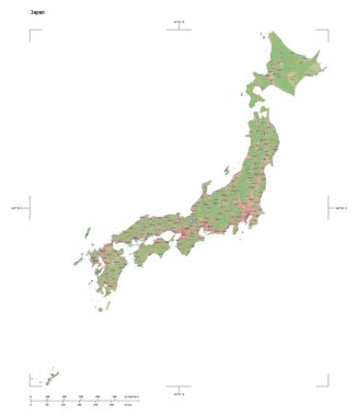 Japonya 'nın bir topoğrafi, OSM standart haritası, uzaklık ölçeği ve harita sınır koordinatları, beyaz üzerinde izole