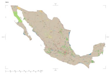 Bir topografik şekil, OSM standart Meksika haritası, uzaklık ölçeği ve harita sınır koordinatları beyaz üzerinde izole