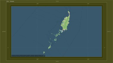 Palau, ülkenin başkenti, haritası, uzaklık ölçeği ve harita sınır koordinatlarıyla birlikte bir topoğrafik, OSM standart haritasına vurgulandı