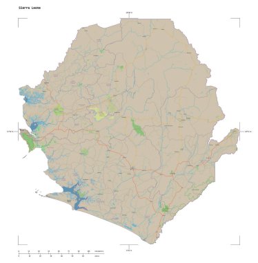 Sierra Leone 'nin, uzaklık ölçeği ve harita sınır koordinatlarıyla beyaz üzerinde izole edilmiş bir topoğrafik, OSM standart biçim haritası