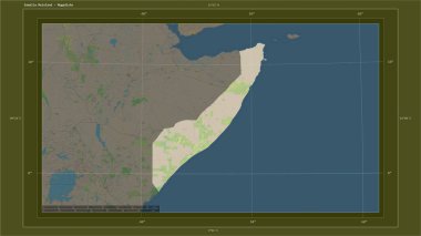 Somali Anakarası, ülkenin başkenti, haritası, uzaklık ölçeği ve harita sınır koordinatlarıyla birlikte bir topoğrafik, OSM standart haritasına vurgulandı