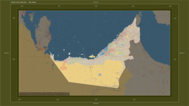 Birleşik Arap Emirlikleri, ülkenin başkenti, haritası, uzaklık ölçeği ve harita sınır koordinatlarıyla birlikte bir topoğrafik, OSM standart haritasına vurgulandı