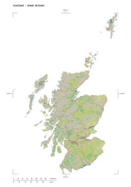 İskoçya 'nın bir topoğrafik şekli, OSM standart stil haritası - Büyük Britanya, uzaklık ölçeği ve harita sınır koordinatlarıyla, beyaz üzerinde izole edilmiş