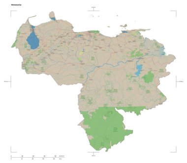 Bir topoğrafik şekli, OSM standart Venezuela haritası, uzaklık ölçeği ve harita sınır koordinatları, beyaz üzerinde izole