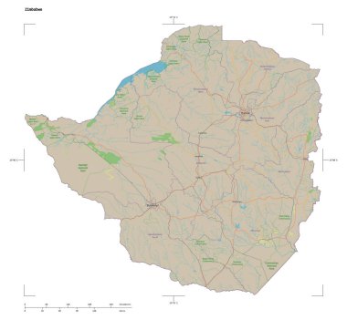 Zimbabve 'nin OSM standart biçim haritası, uzaklık ölçeği ve harita sınır koordinatlarıyla beyaz üzerinde izole edilmiş bir topoğrafik şekil