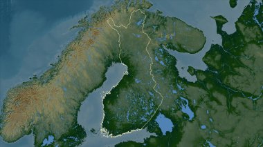 Finlandiya, gölleri ve nehirleri olan renkli bir yükseklik haritasında özetlenmiştir.