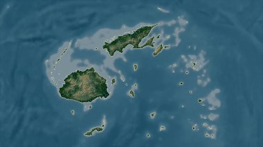 Fiji gölleri ve nehirleri olan renkli bir yükseklik haritasında özetlenmiştir.