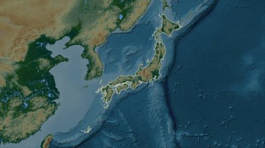 Japonya gölleri ve nehirleri olan renkli bir yükseklik haritasında özetlenmiştir.