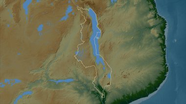 Malawi gölleri ve nehirleri olan renkli bir yükseklik haritasında özetlenmiştir.