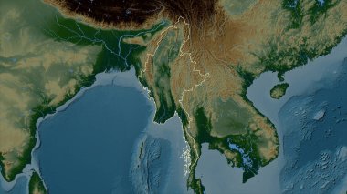 Myanmar gölleri ve nehirleri olan renkli bir yükseklik haritasında özetlenmiştir.