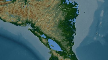 Nikaragua gölleri ve nehirleri olan renkli bir yükseklik haritasında özetlenmiştir.