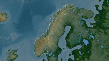 Norveç gölleri ve nehirleri olan renkli bir yükseklik haritasında özetlenmiştir.