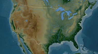 Amerika Birleşik Devletleri ve anakara gölleri ve nehirleri olan renkli bir yükseklik haritasında özetlenmiştir.