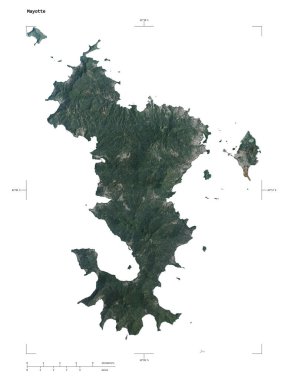 Mayotte 'un yüksek çözünürlüklü uydu haritasının şekli, uzaklık ölçeği ve harita sınır koordinatlarıyla, beyaz üzerinde izole edilmiş.