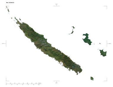 Yeni Kaledonya 'nın yüksek çözünürlüklü uydu haritasının şekli, uzaklık ölçeği ve harita sınır koordinatları, beyaz üzerinde izole edilmiş.