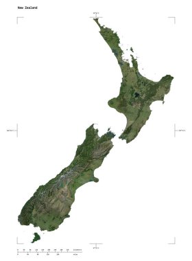Yeni Zelanda 'nın yüksek çözünürlüklü uydu haritasının şekli, uzaklık ölçeği ve harita sınır koordinatlarıyla, beyaz üzerinde izole edilmiş.