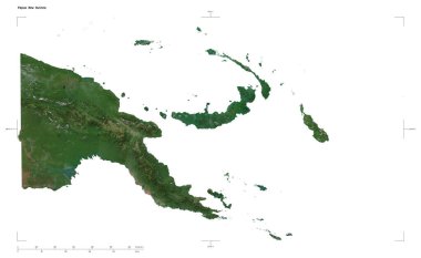 Papua Yeni Gine 'nin yüksek çözünürlüklü uydu haritasının şekli, uzaklık ölçeği ve harita sınır koordinatlarıyla, beyaz üzerinde izole edilmiş.