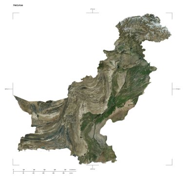 Pakistan 'ın yüksek çözünürlüklü uydu haritasının şekli, uzaklık ölçeği ve harita sınır koordinatları, beyaz üzerinde izole edilmiş.