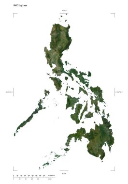 Filipinler 'in yüksek çözünürlüklü uydu haritasının şekli, uzaklık ölçeği ve harita sınır koordinatları, beyaz üzerinde izole edilmiş.