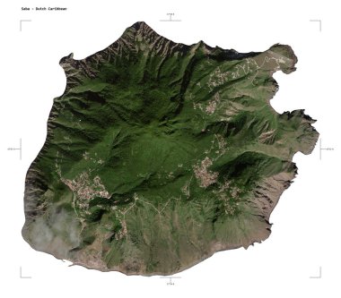 Saba 'nın yüksek çözünürlüklü uydu haritasının şekli - Hollanda Karayipleri, uzaklık ölçeği ve harita sınır koordinatlarıyla, beyaz üzerinde izole edilmiş