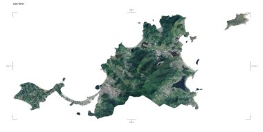 Saint Martin 'in yüksek çözünürlüklü uydu haritasının şekli, uzaklık ölçeği ve harita sınır koordinatları, beyaz üzerinde izole edilmiş.