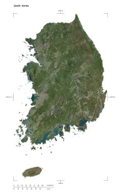 Güney Kore 'nin yüksek çözünürlüklü uydu haritasının şekli, uzaklık ölçeği ve harita sınır koordinatları, beyaz üzerinde izole edilmiş.