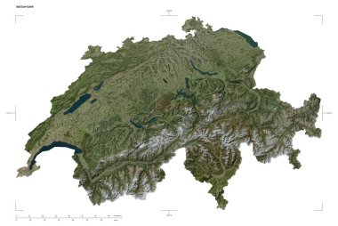 İsviçre 'nin yüksek çözünürlüklü uydu haritasının şekli, uzaklık ölçeği ve harita sınır koordinatları, beyaz üzerinde izole edilmiş.