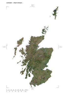 İskoçya 'nın yüksek çözünürlüklü uydu haritasının şekli - Büyük Britanya, uzaklık ölçeği ve harita sınır koordinatlarıyla, beyaz üzerinde izole edilmiş