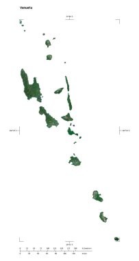 Vanuatu 'nun yüksek çözünürlüklü uydu haritasının şekli, uzaklık ölçeği ve harita sınır koordinatlarıyla, beyaz üzerinde izole edilmiş.