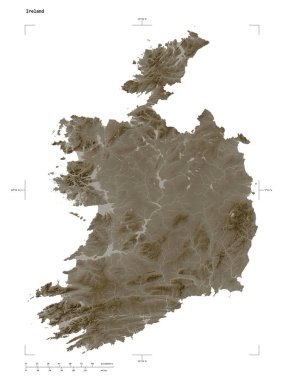İrlandalıların gölleri ve nehirleri ile sepya tonlarında renklendirilmiş bir yükseklik haritası şekli, uzaklık ölçeği ve harita sınır koordinatları, beyaz üzerine izole edilmiş.