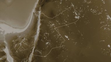 Ürdün, sepia tonlarında göller ve nehirlerle renklendirilmiş bir yükseklik haritasında ana hatlarını çizdi