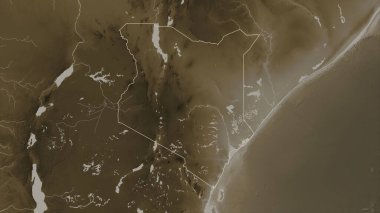 Kenya, sepia tonlarında göller ve nehirlerle renklendirilmiş bir yükseklik haritasında özetlenmiştir.