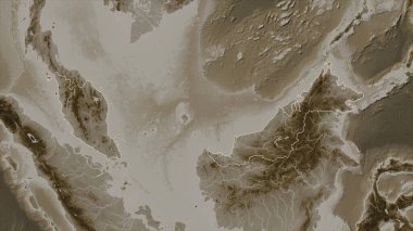 Malezya, sepia tonlarında göller ve nehirlerle renklendirilmiş bir yükseklik haritasında özetlenmiştir.