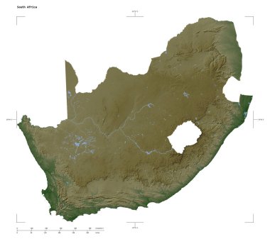 Güney Afrika 'nın göl ve nehirleri, uzaklık ölçeği ve harita sınır koordinatlarıyla beyaz üzerinde izole edilmiş soluk renkli bir yükseklik haritası.