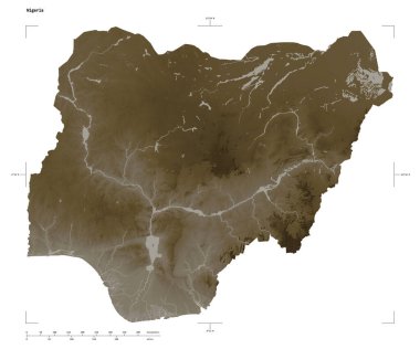 Nijerya 'nın göl ve nehirleri ile sepia tonlarında renklendirilmiş bir yükseklik haritası şekli, uzaklık ölçeği ve harita sınır koordinatları, beyaz üzerine izole edilmiş.