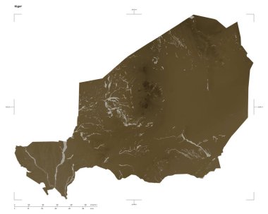 Nijer 'in göl ve nehirleriyle sepya tonlarında renklendirilmiş bir yükseklik haritası şekli, uzaklık ölçeği ve harita sınır koordinatları, beyaz üzerine izole edilmiş.